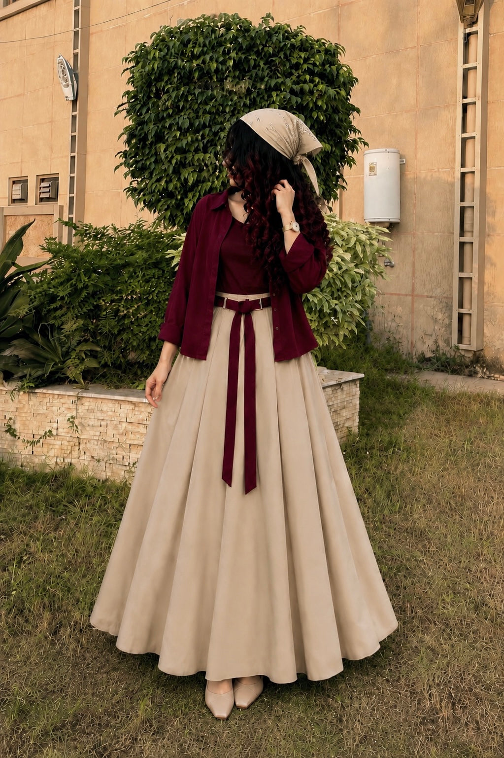 Maroon Beige Skirt &Shirt Co-Ord Set-