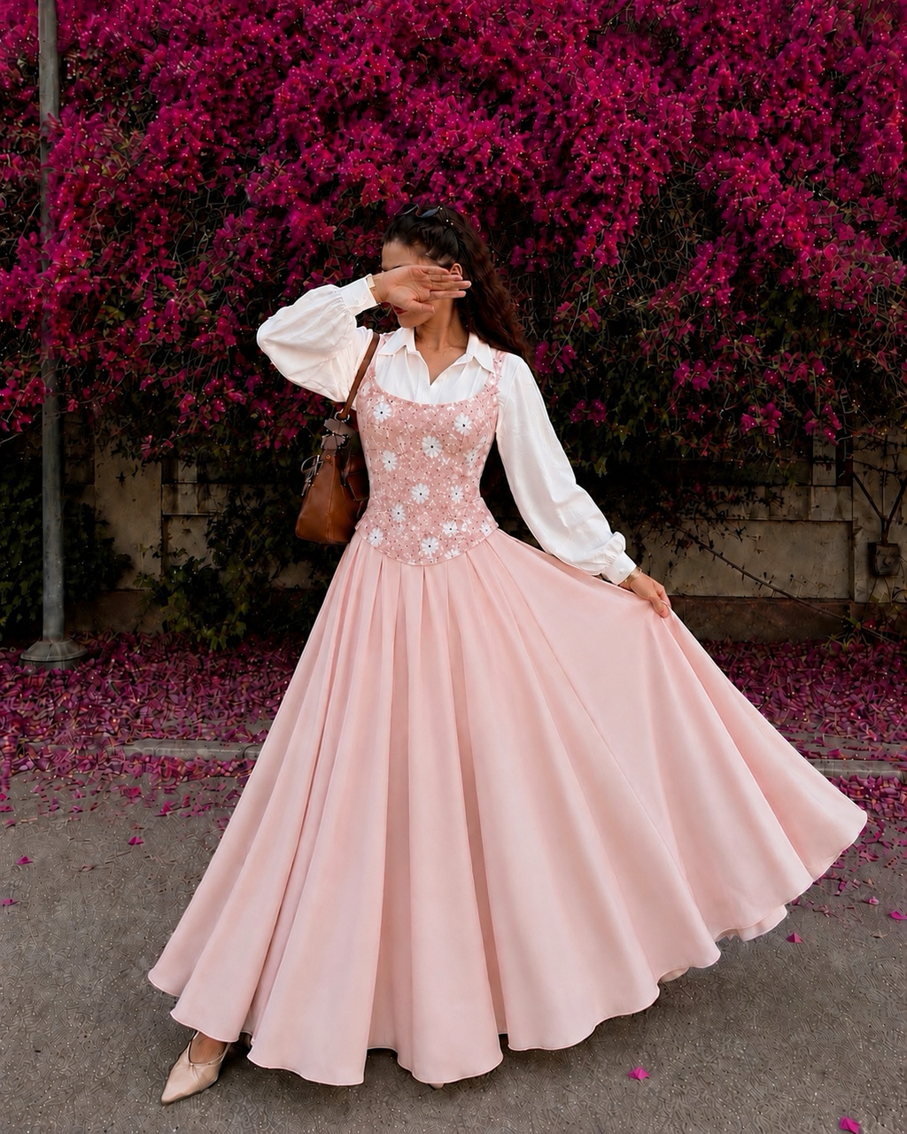 Blush Bloom Corset with skirt and White Puff Sleeve Shirt