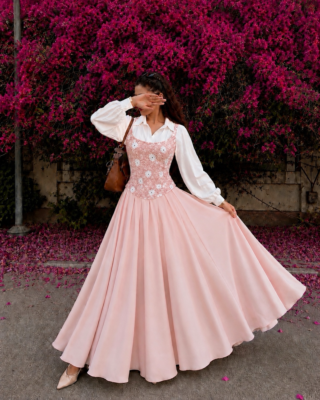 Blush Bloom Corset with skirt and White Puff Sleeve Shirt