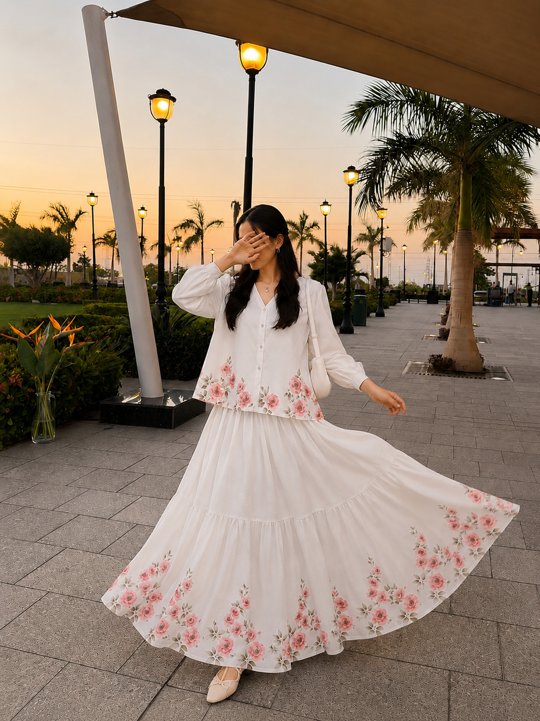 Rose Bloom White Floral Skirt & Shirt Set