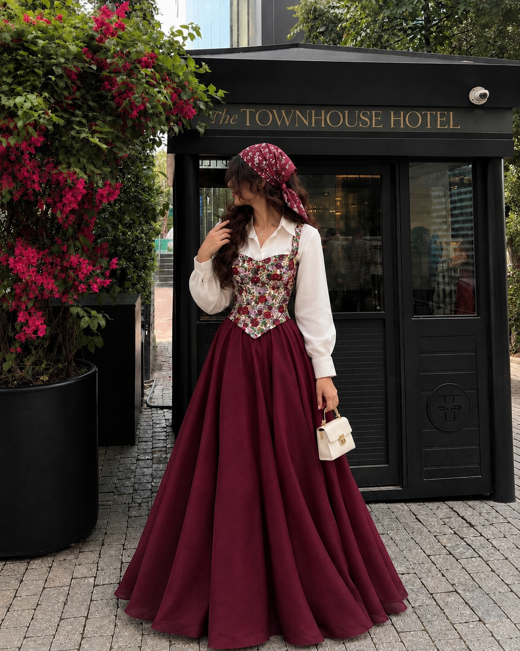 Burgundy Bloom Corset Maxi Dress