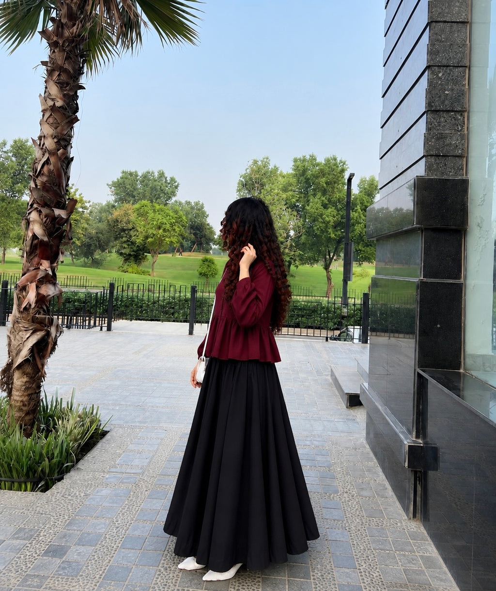 Elegant Maroon Peplum Shirt with Flared Black Maxi Skirt – 2 Piece Modest Co-Ord Set