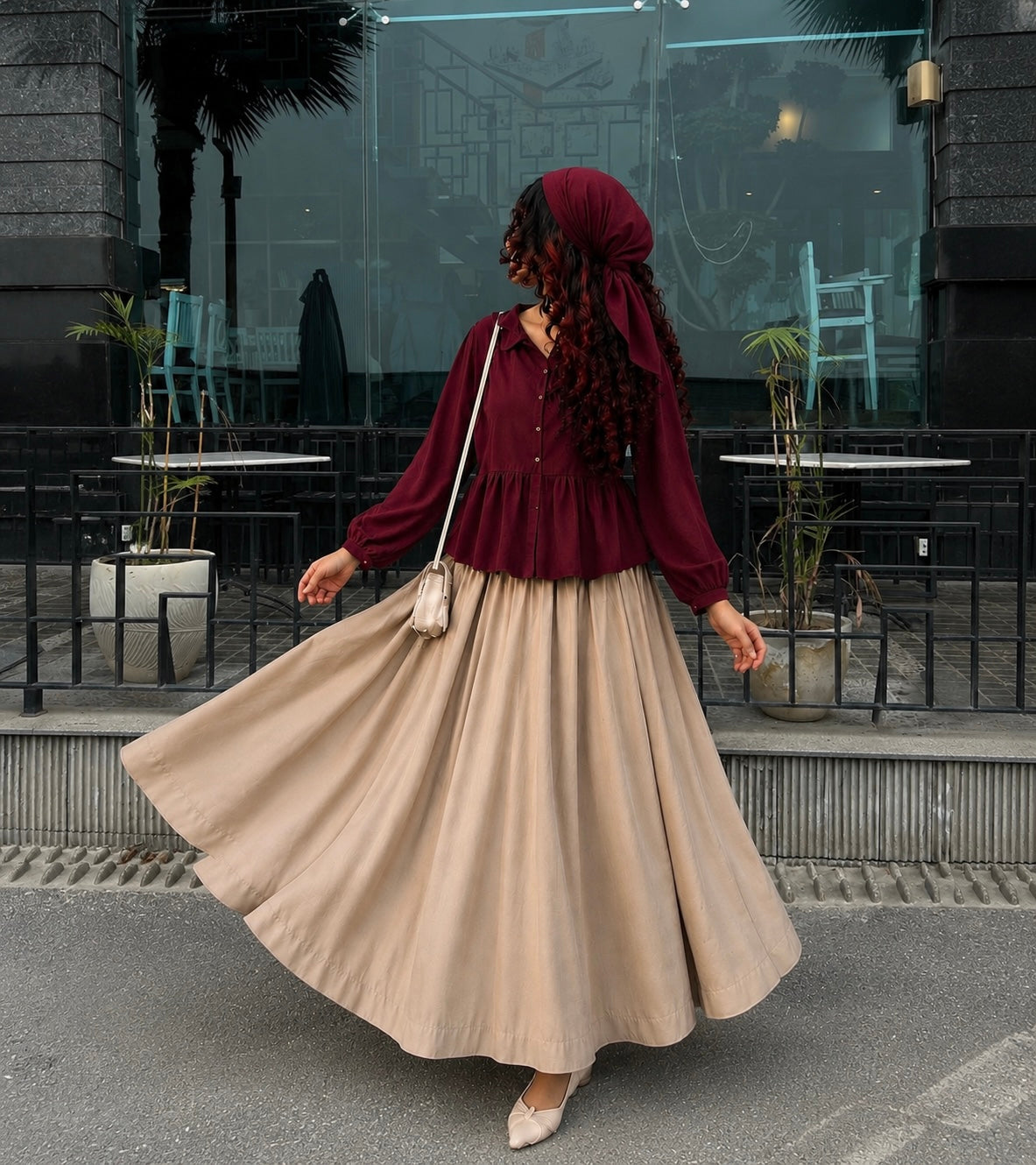 Maroon Peplum Shirt & Beige Flared Maxi Skirt Co-Ord Set