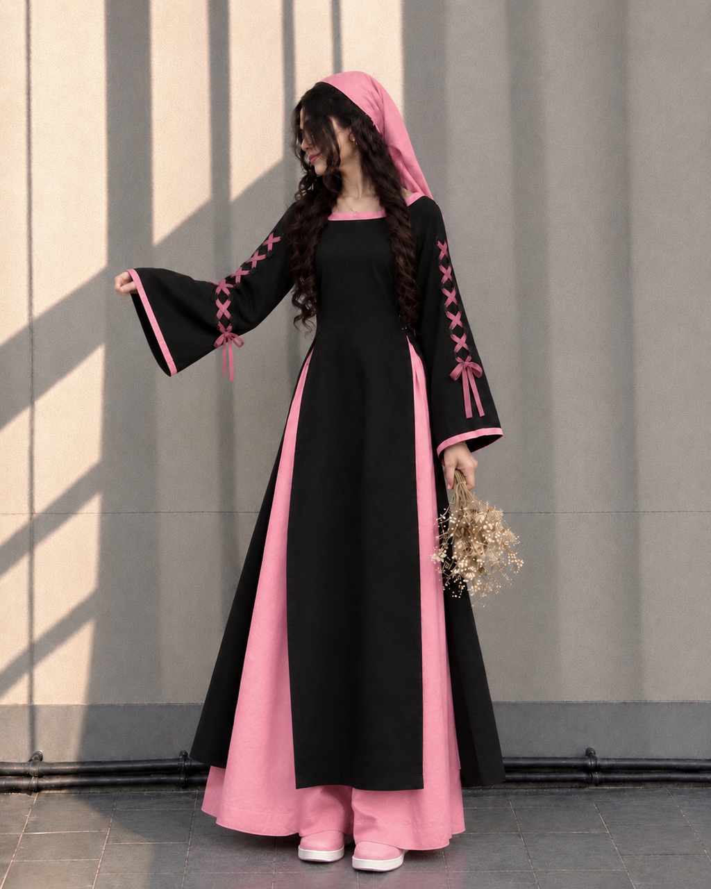Rose Noir — Black & Pink Lace-Up Flare Dress