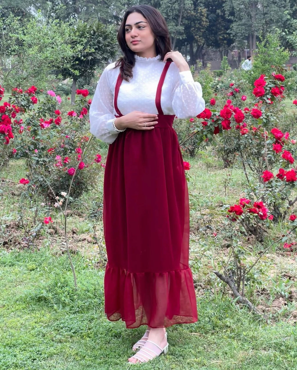 Ruby Grace Layered Maxi Dress – Maroon & White
