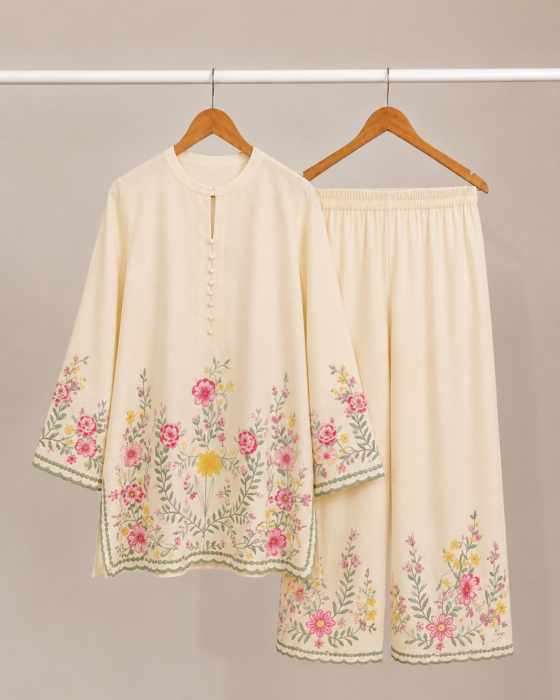 Ivory Bloom Co-Ord Set Floral Kurta & Wide-Leg Trouser