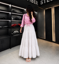 Blush Breeze Tie-Front Shirt with White Tiered Maxi Skirt Set