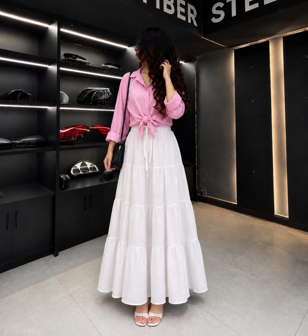 Blush Breeze Tie-Front Shirt with White Tiered Maxi Skirt Set