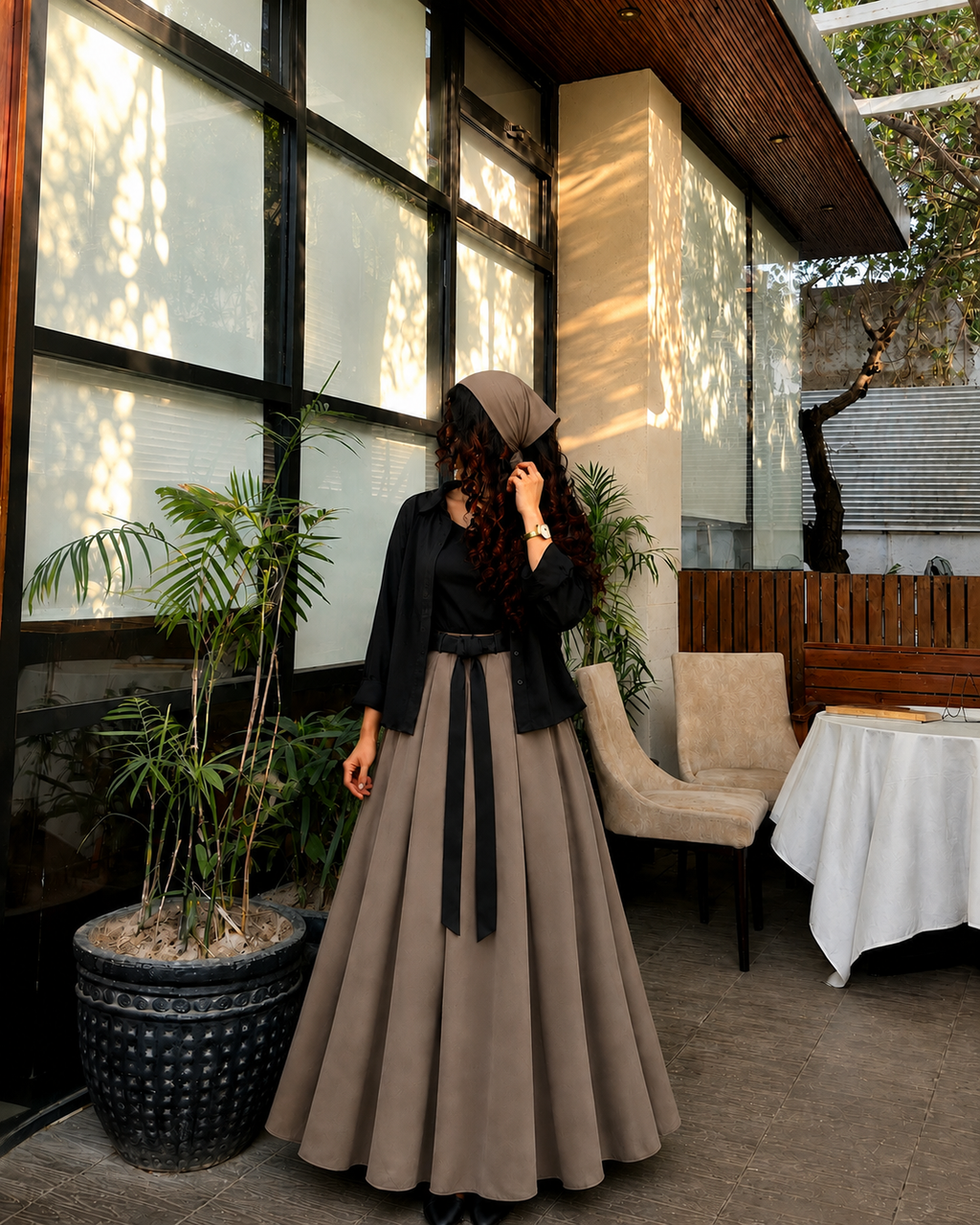 Taupe-Black Skirt& Shirt Co-Ord Set-