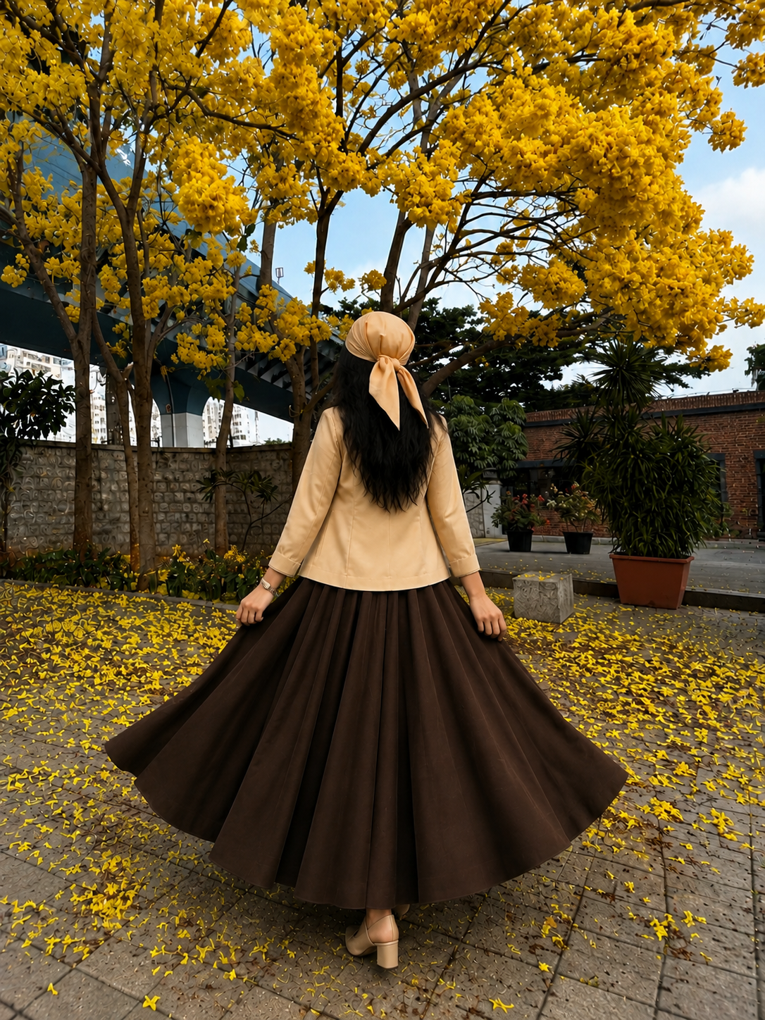 Butter Bloom Co-Ord Set | Butter Yellow Top Inner & Chocolate Brown Flared Skirt