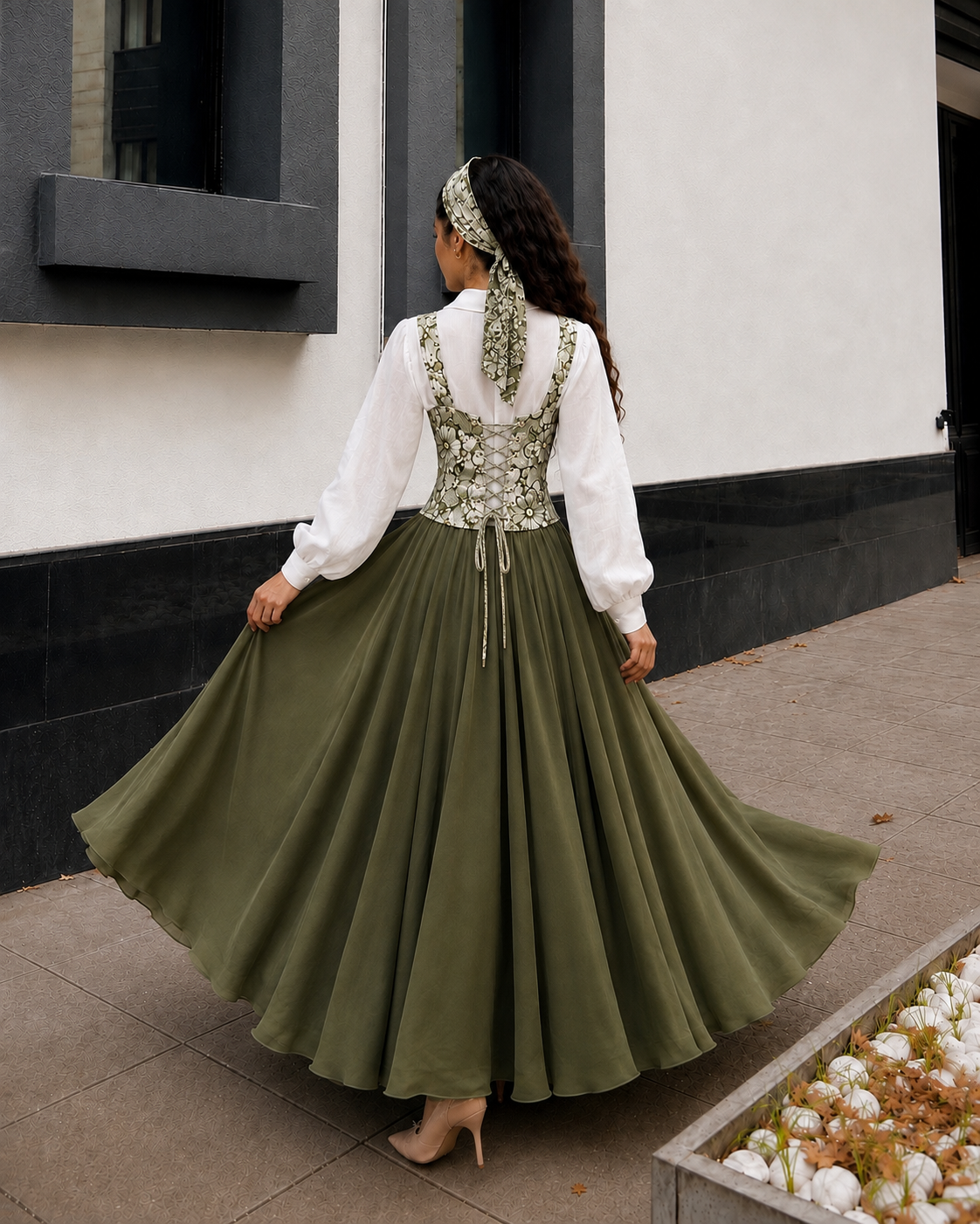 Olive Grace – Vintage Floral Corset & Flowing Skirt Shirt