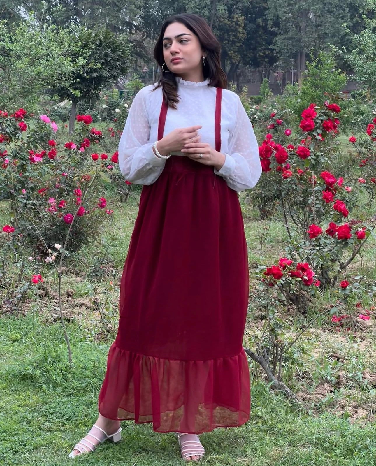 Ruby Grace Layered Maxi Dress – Maroon & White