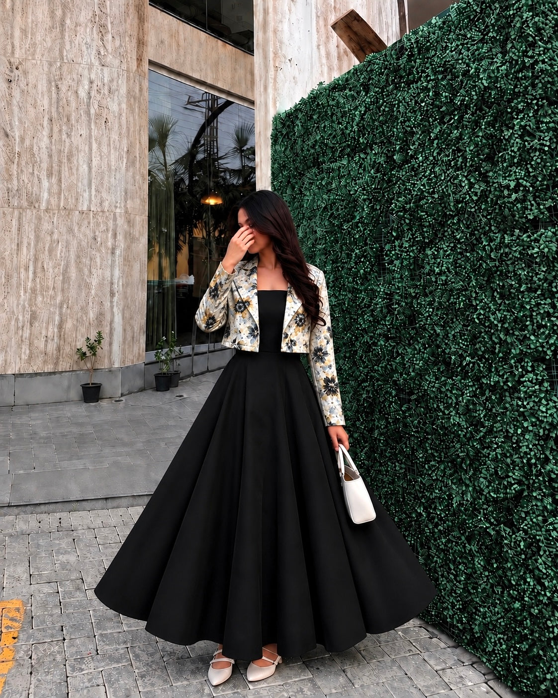 Midnight Bloom Floral Jacket & Flared Maxi Skirt Set