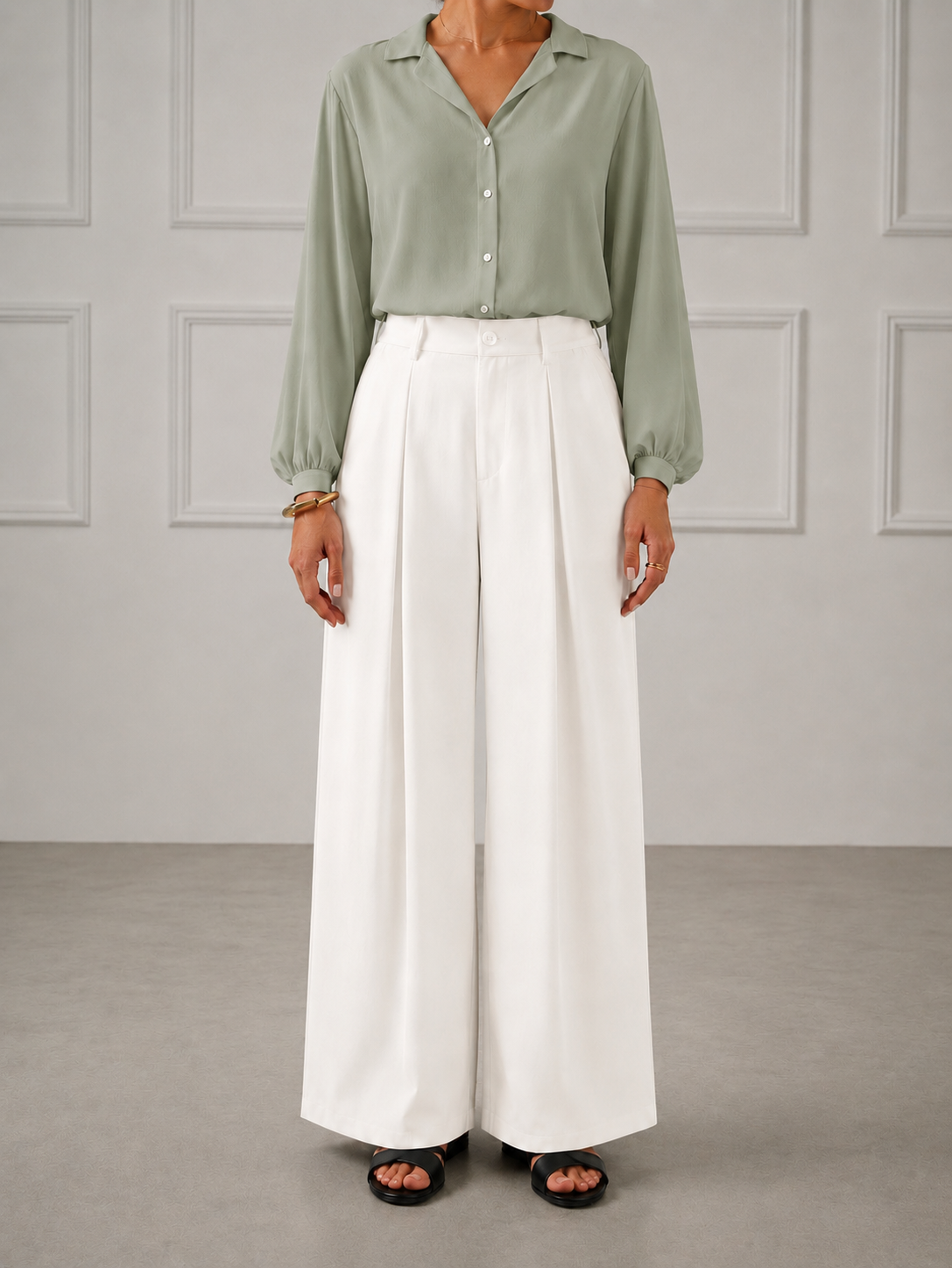 Sage Green Button-Down Shirt with White Wide-Leg Trousers Co-Ord Set