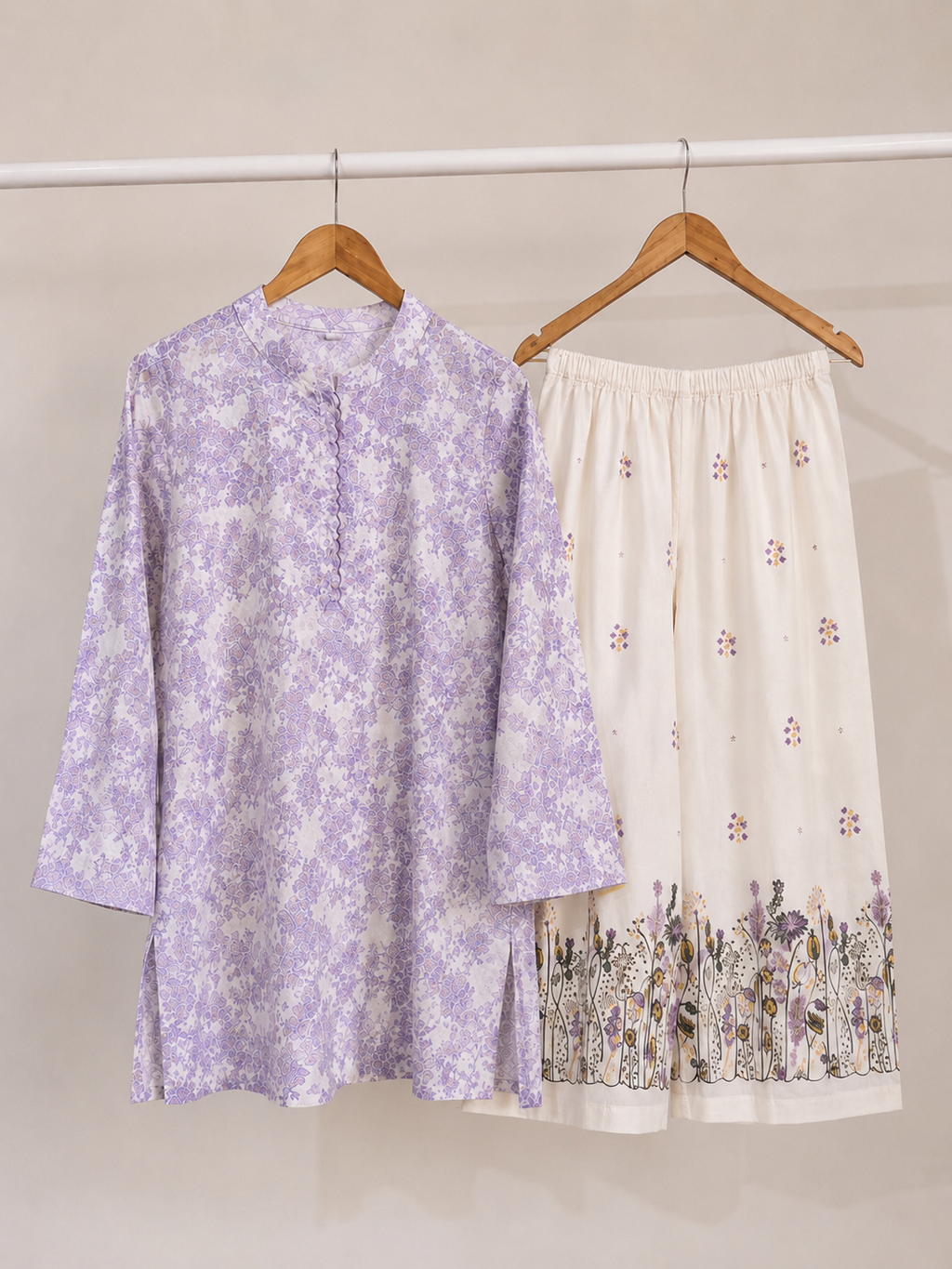 Lavender Bloom Printed Co-Ord Set – Premium Lawn Shirt & Wide-Leg Trouser