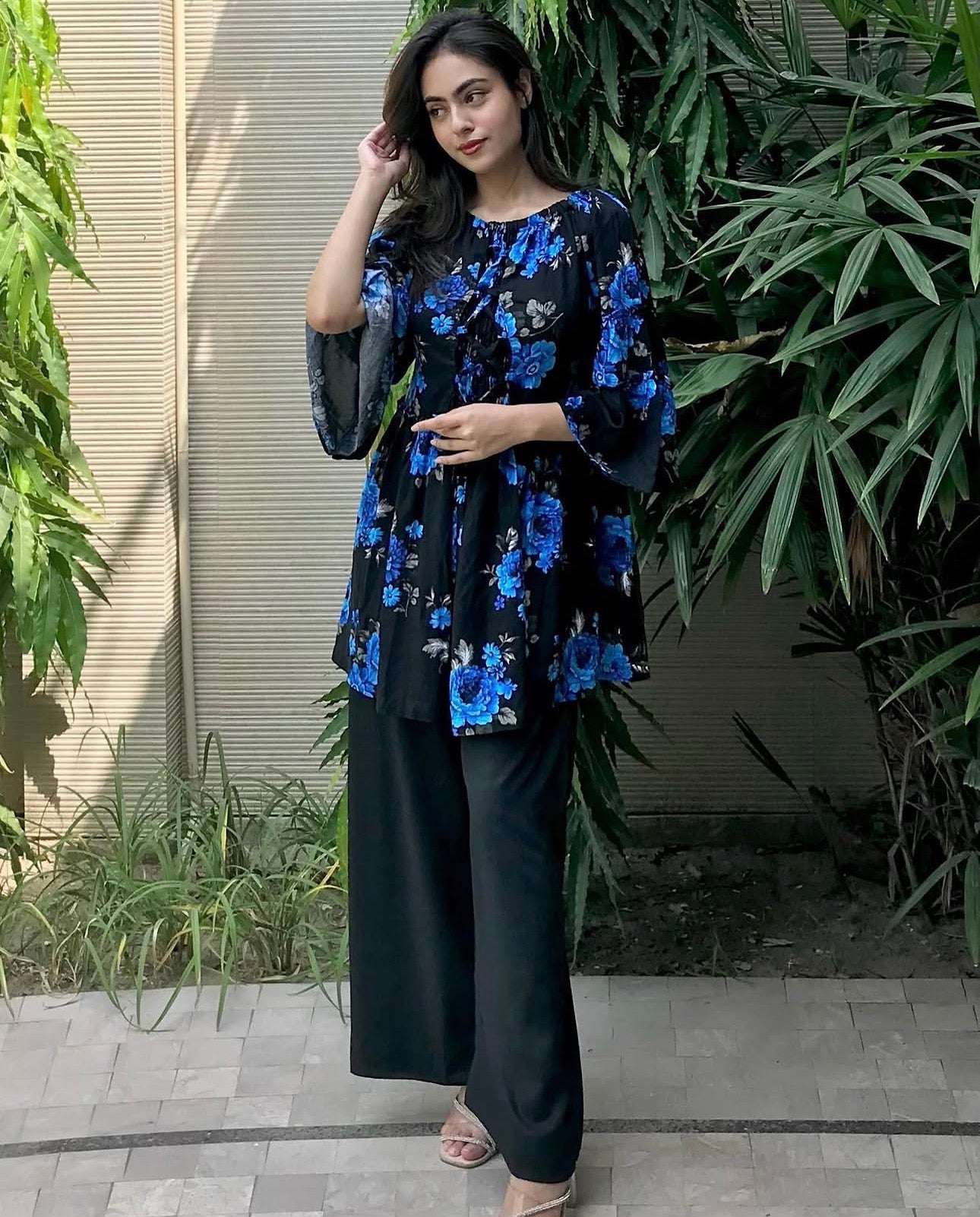 Midnight Bloom Blue Floral Top with Flared Sleeves