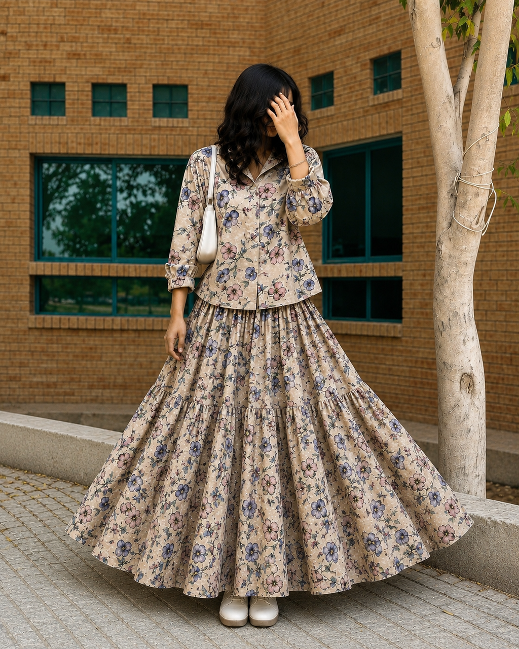 Blush Bloom Floral Co-Ord Set – Beige Tiered Maxi Skirt & Shirt