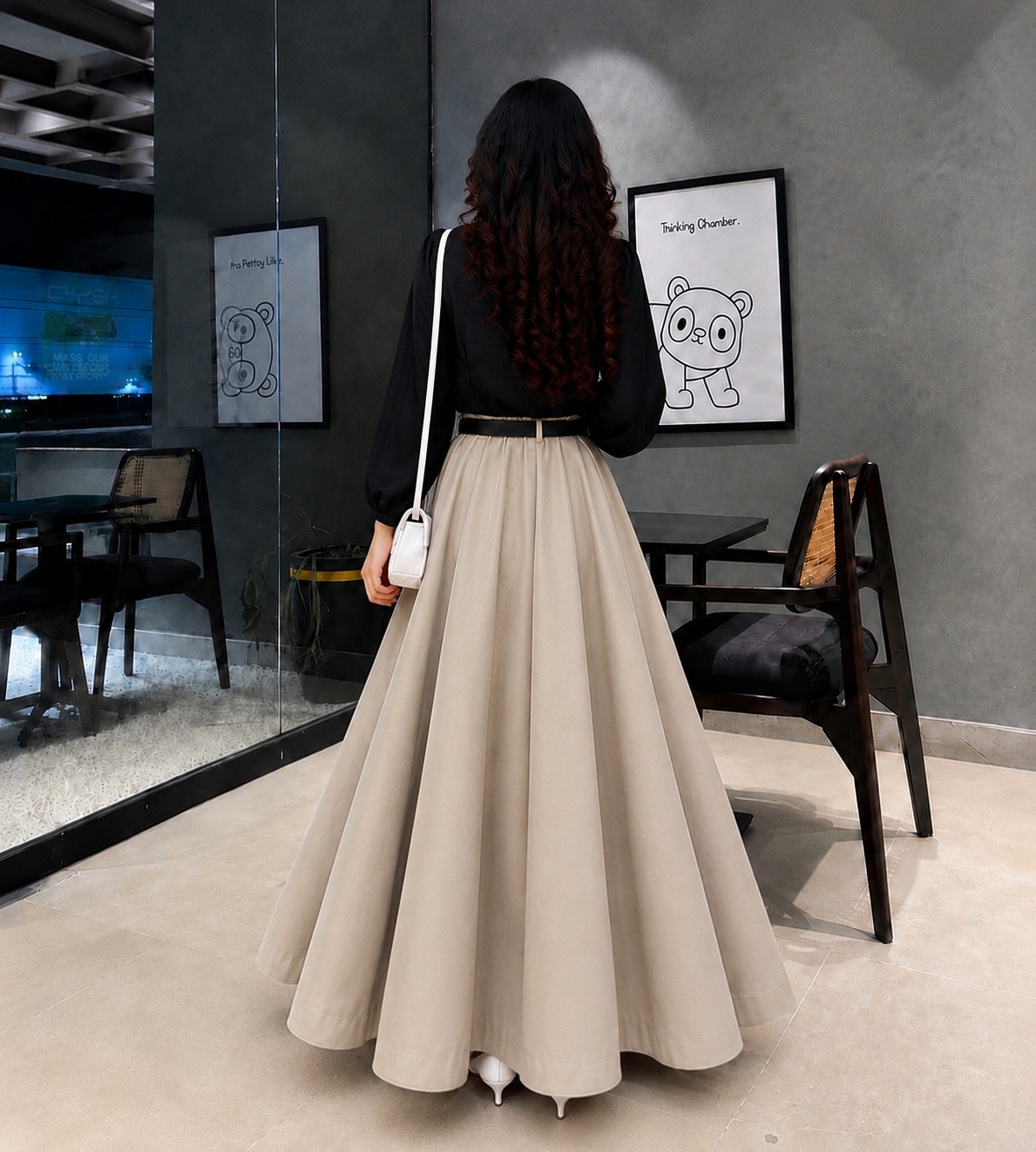 Elegant Beige Flared Maxi Skirt with Black shirt