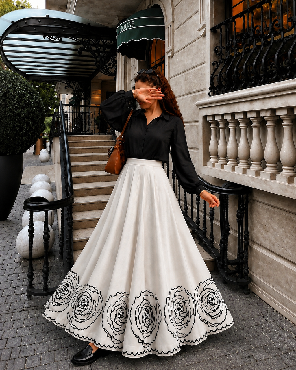Midnight Bloom Black Shirt & White Floral Flare Skirt Co-Ord Set