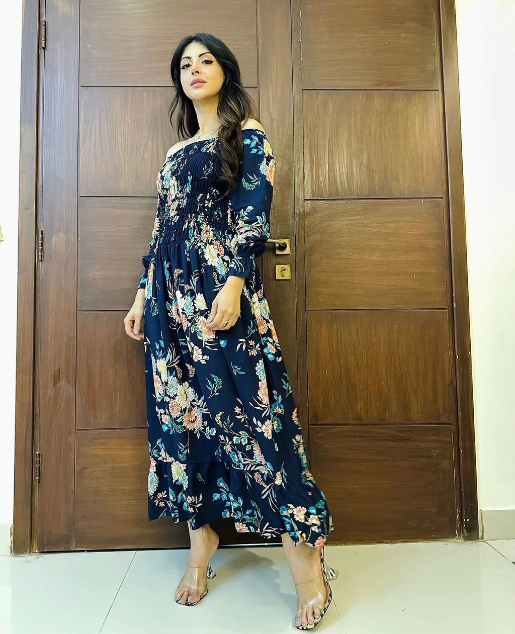 Midnight Bloom Off-Shoulder Floral  Dress