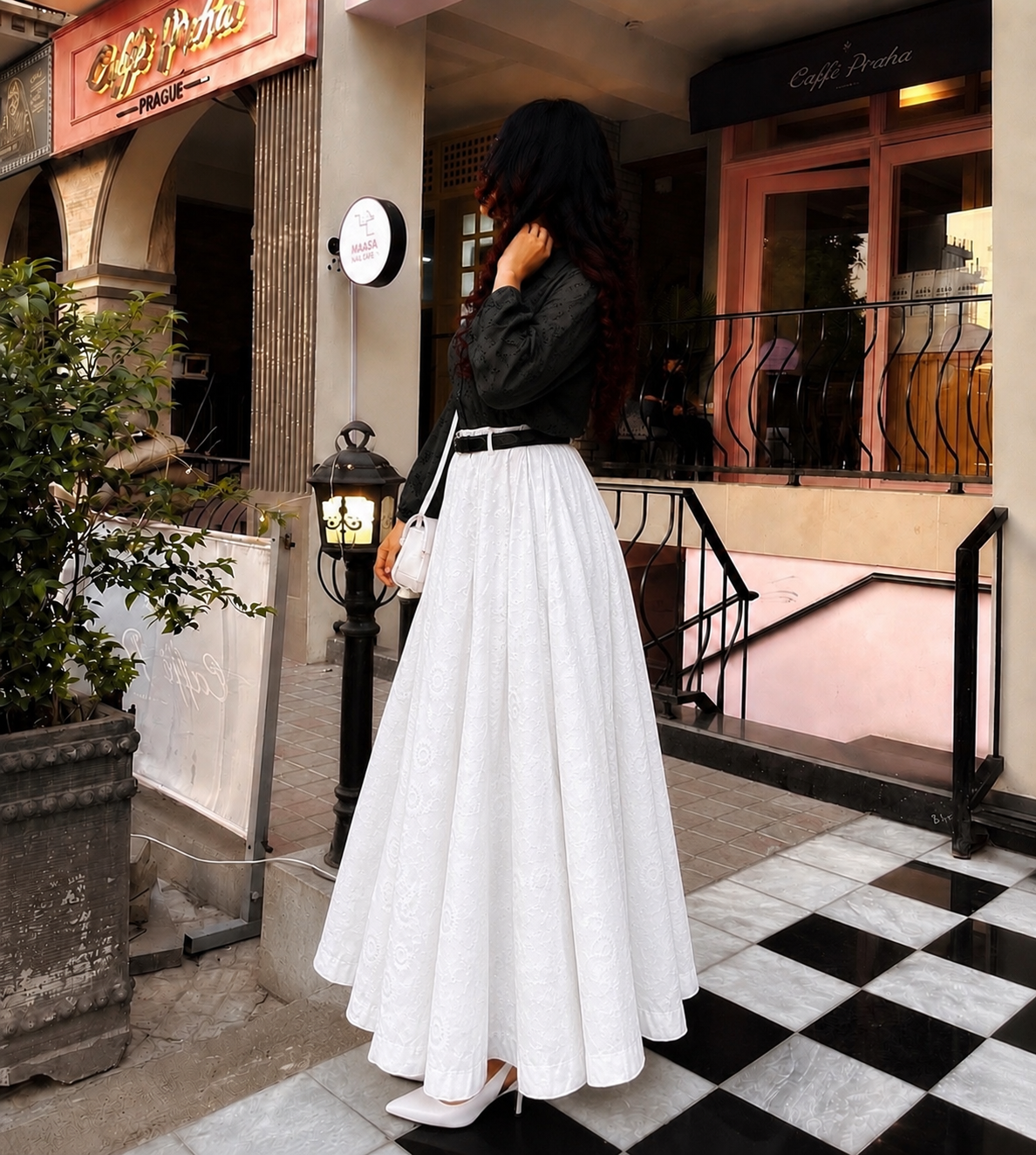 Elegant Black Chiken Kari Shirt with White Chiken Kari Flared Maxi Skirt