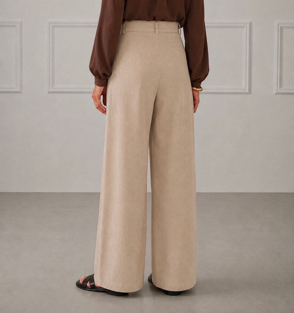 Elegant Beige Pleated Wide-Leg Trousers
