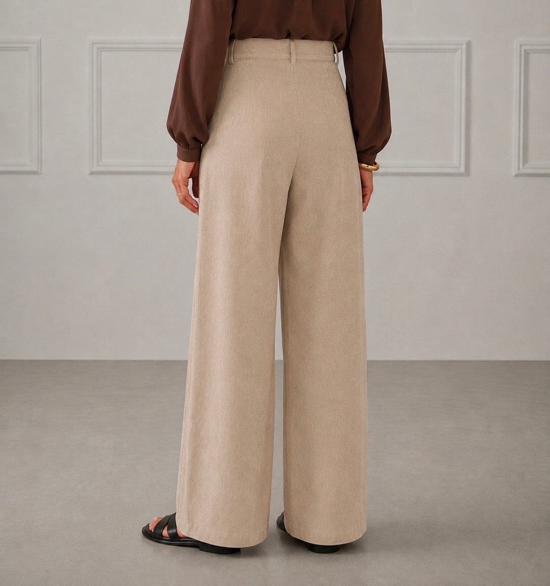 Elegant Beige Pleated Wide-Leg Trousers