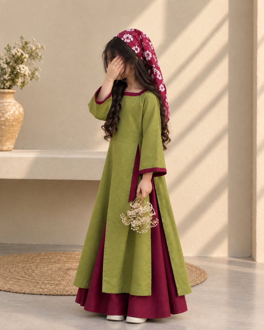 Olive & Maroon Twirl Set | Kids Festive Co-ord