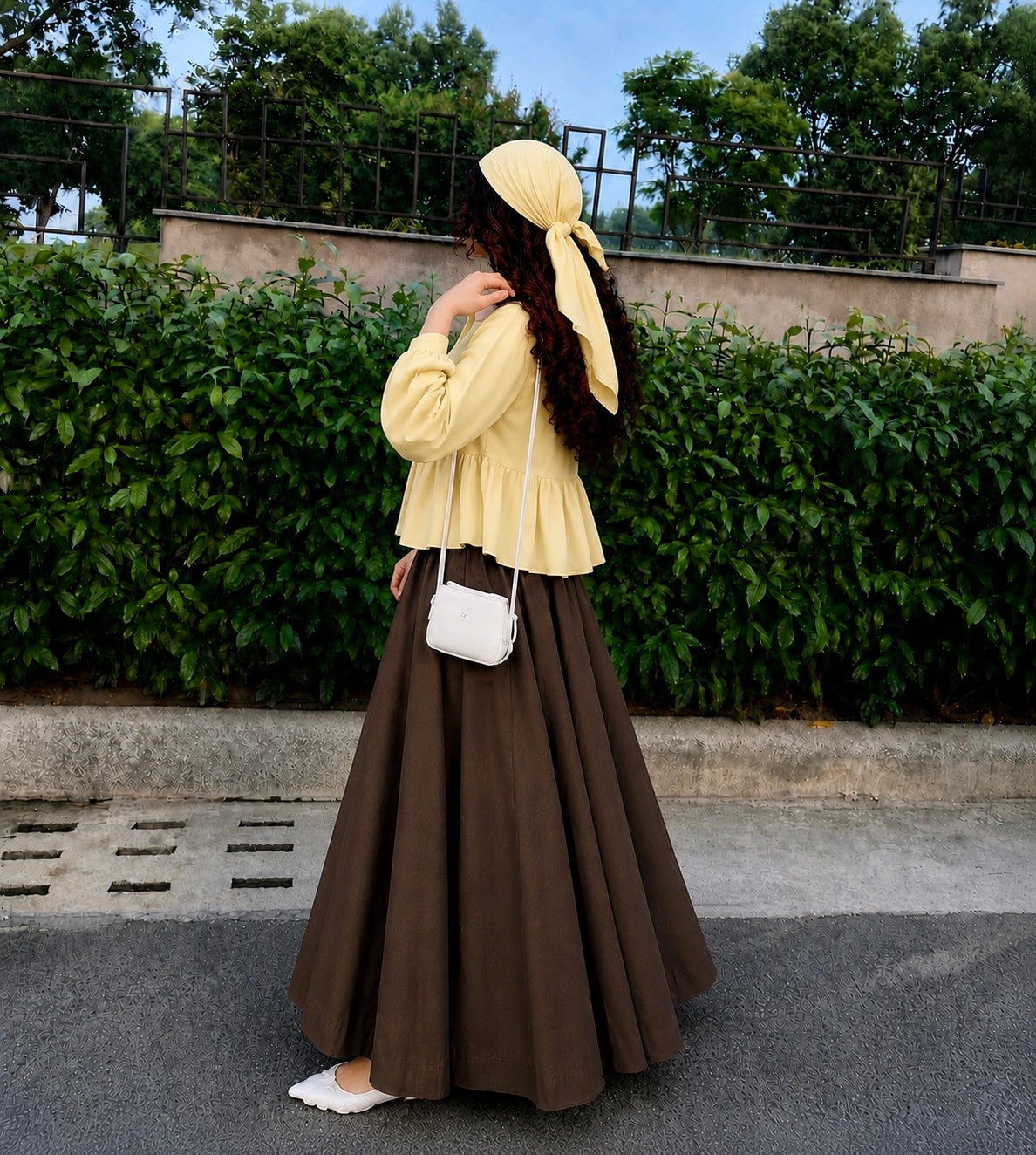 Butter Bloom Peplum Co-Ord Set | Butter Yellow Top & Chocolate Brown Flared Skirt