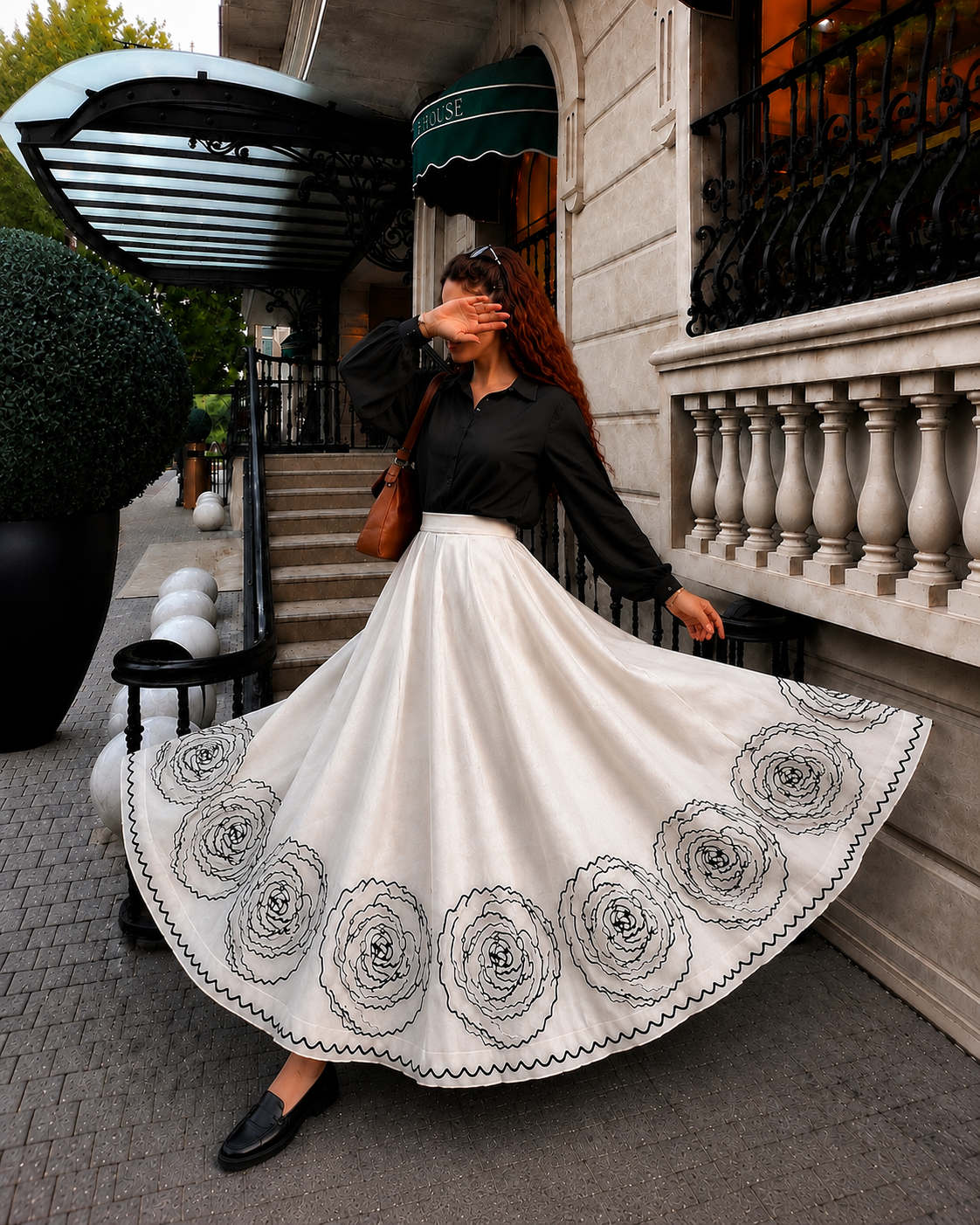 Midnight Bloom Black Shirt & White Floral Flare Skirt Co-Ord Set