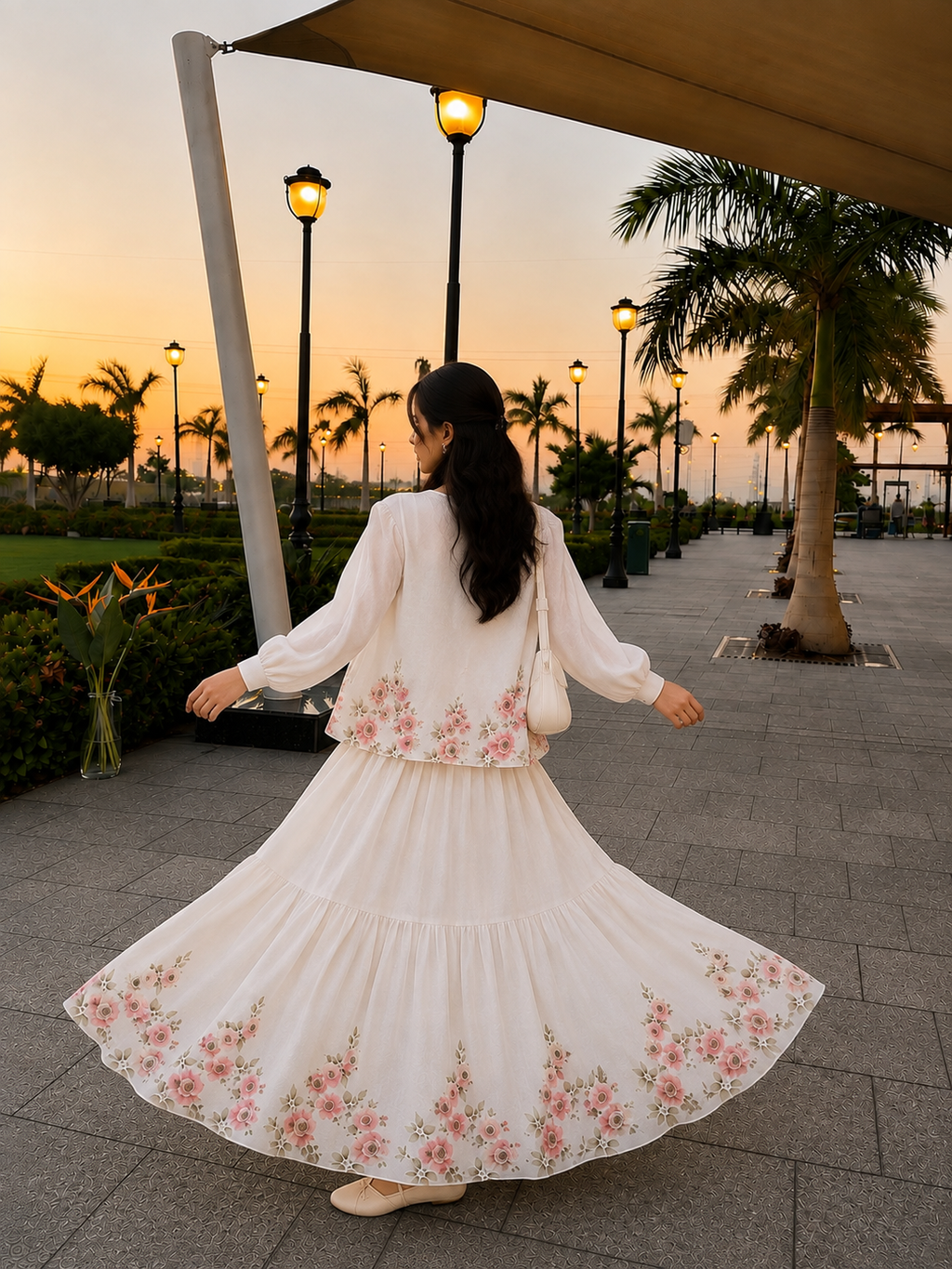 Rose Bloom White Floral Skirt & Shirt Set