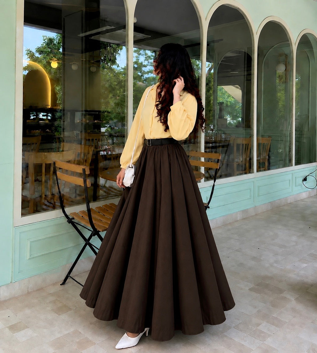 Lemon Glow Shirt with Dark Brown Flared Maxi Skirt Set