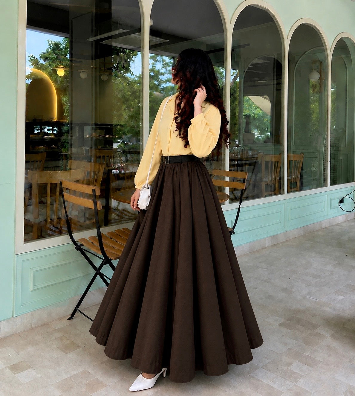 Lemon Glow Shirt with Dark Brown Flared Maxi Skirt Set