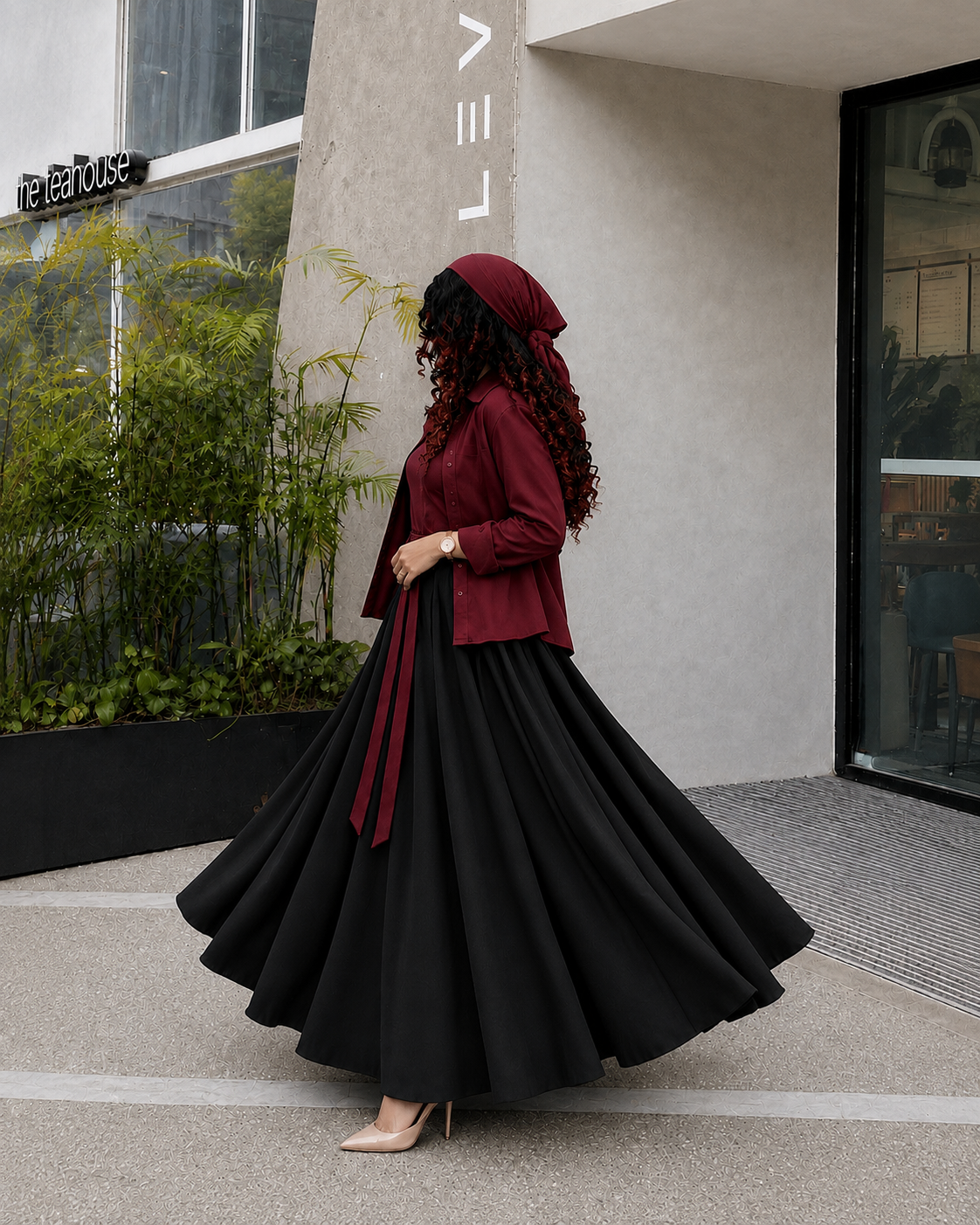 Maroon Black Skirt& Shirt Co-Ord Set-