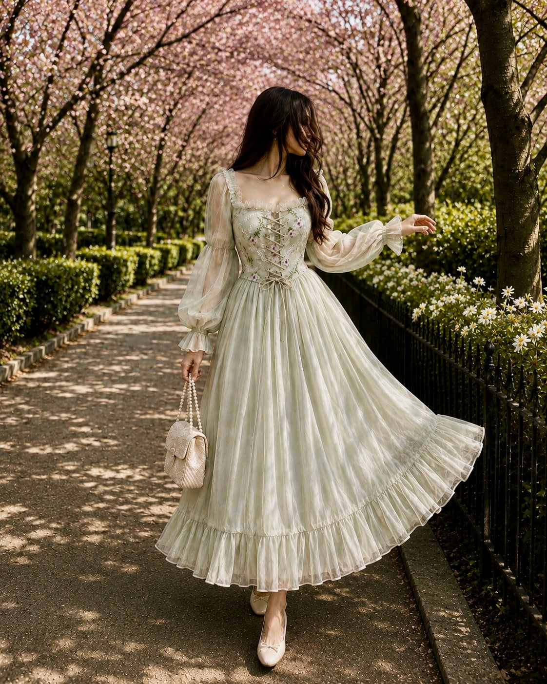 Sage Garden Dream – Floral Corset Maxi Dress