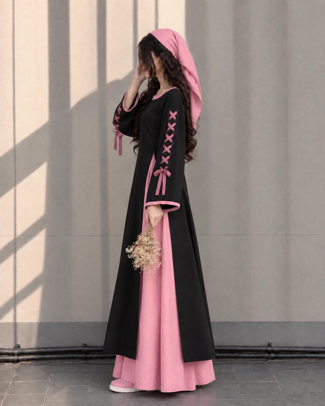 Rose Noir — Black & Pink Lace-Up Flare Dress