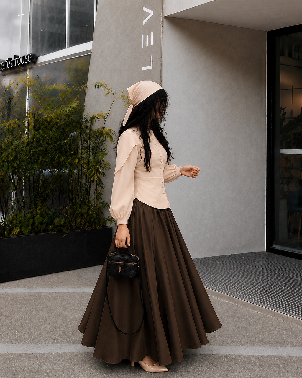 Mocha Grace Co-Ord Set – Beige Buttoned Top & Chocolate Brown Flare Skirt