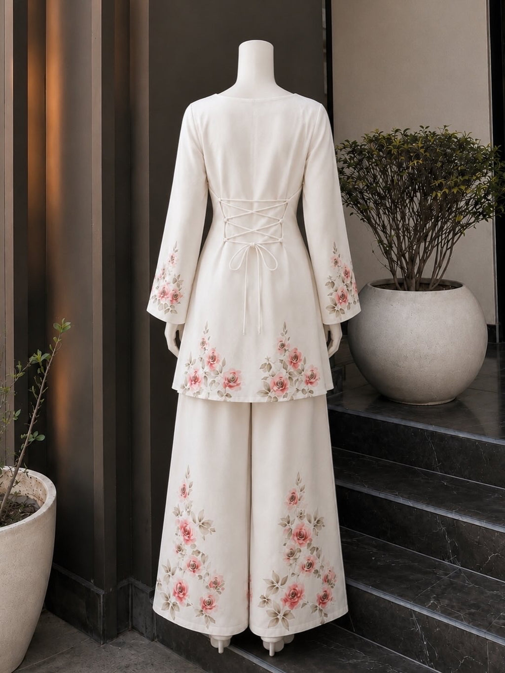 Ivory Rose Bloom Co-Ord Set – Floral Printed Shirt & Wide-Leg Trouser