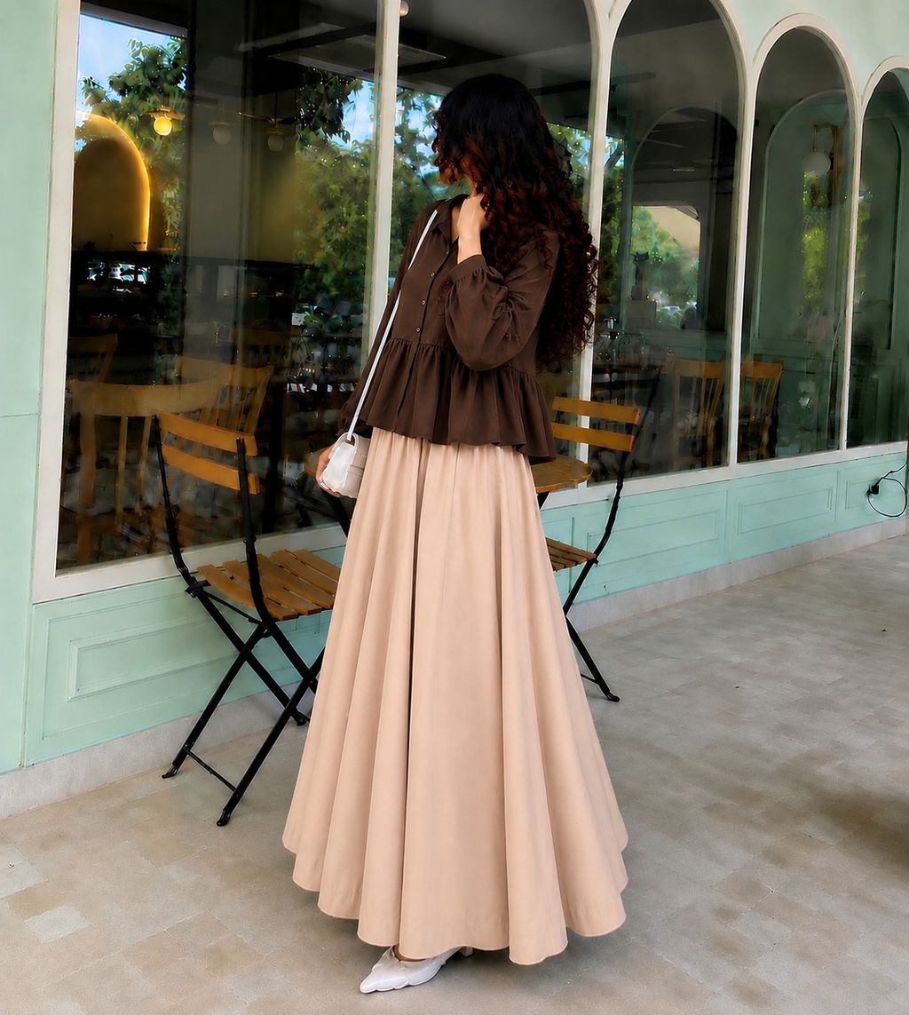Mocha Grace Co-Ord Set – Chocolate Brown Peplum Shirt with Beige Flared Skirt