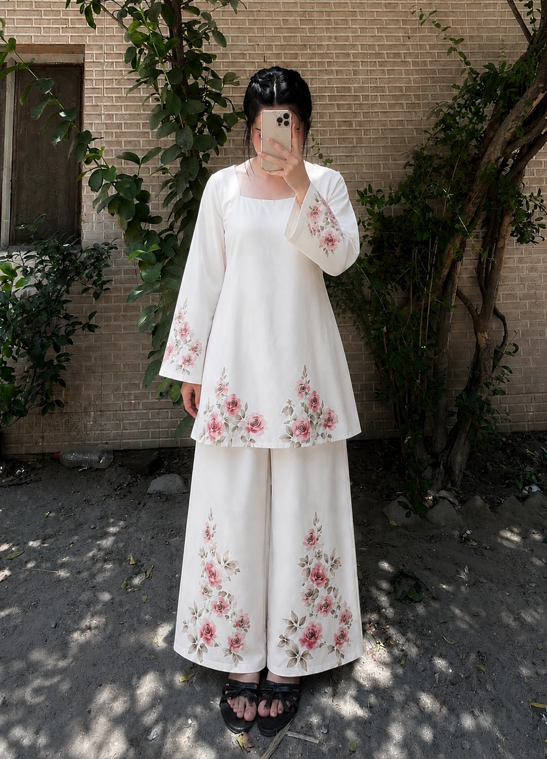 Ivory Rose Bloom Co-Ord Set – Floral Printed Shirt & Wide-Leg Trouser
