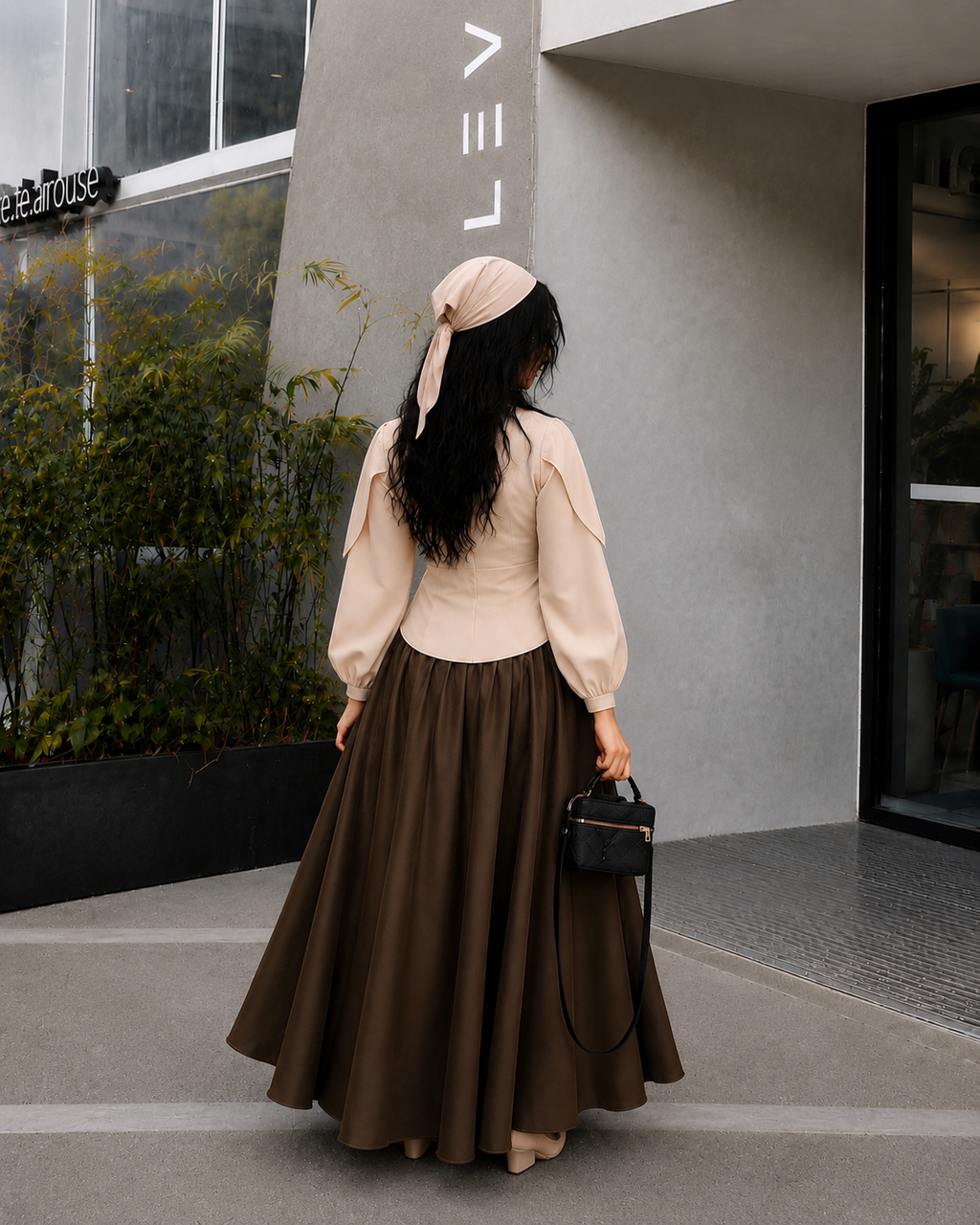 Mocha Grace Co-Ord Set – Beige Buttoned Top & Chocolate Brown Flare Skirt