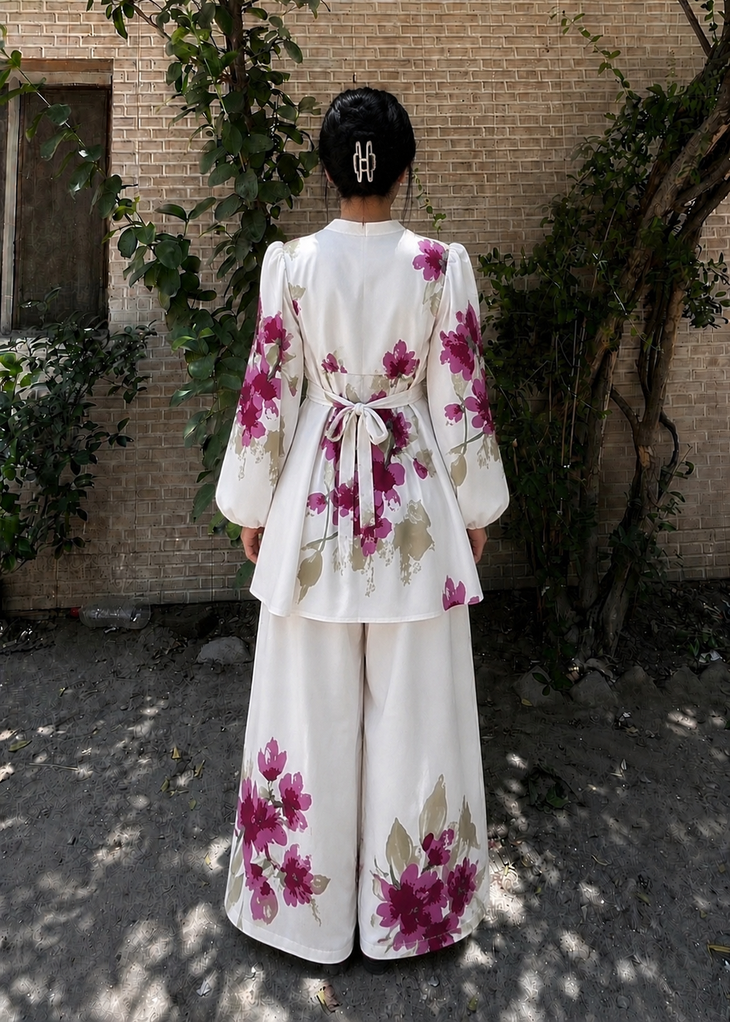 Blossom Grace Co-Ord Set – White Floral Tunic & Wide-Leg Trouser