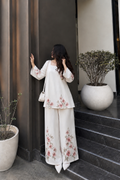 Ivory Rose Bloom Co-Ord Set – Floral Printed Shirt & Wide-Leg Trouser