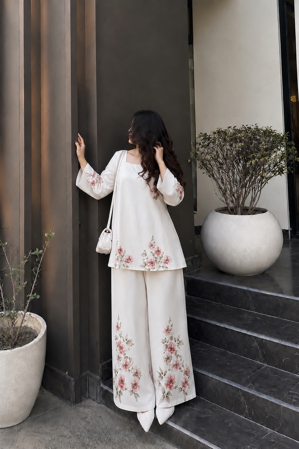 Ivory Rose Bloom Co-Ord Set – Floral Printed Shirt & Wide-Leg Trouser