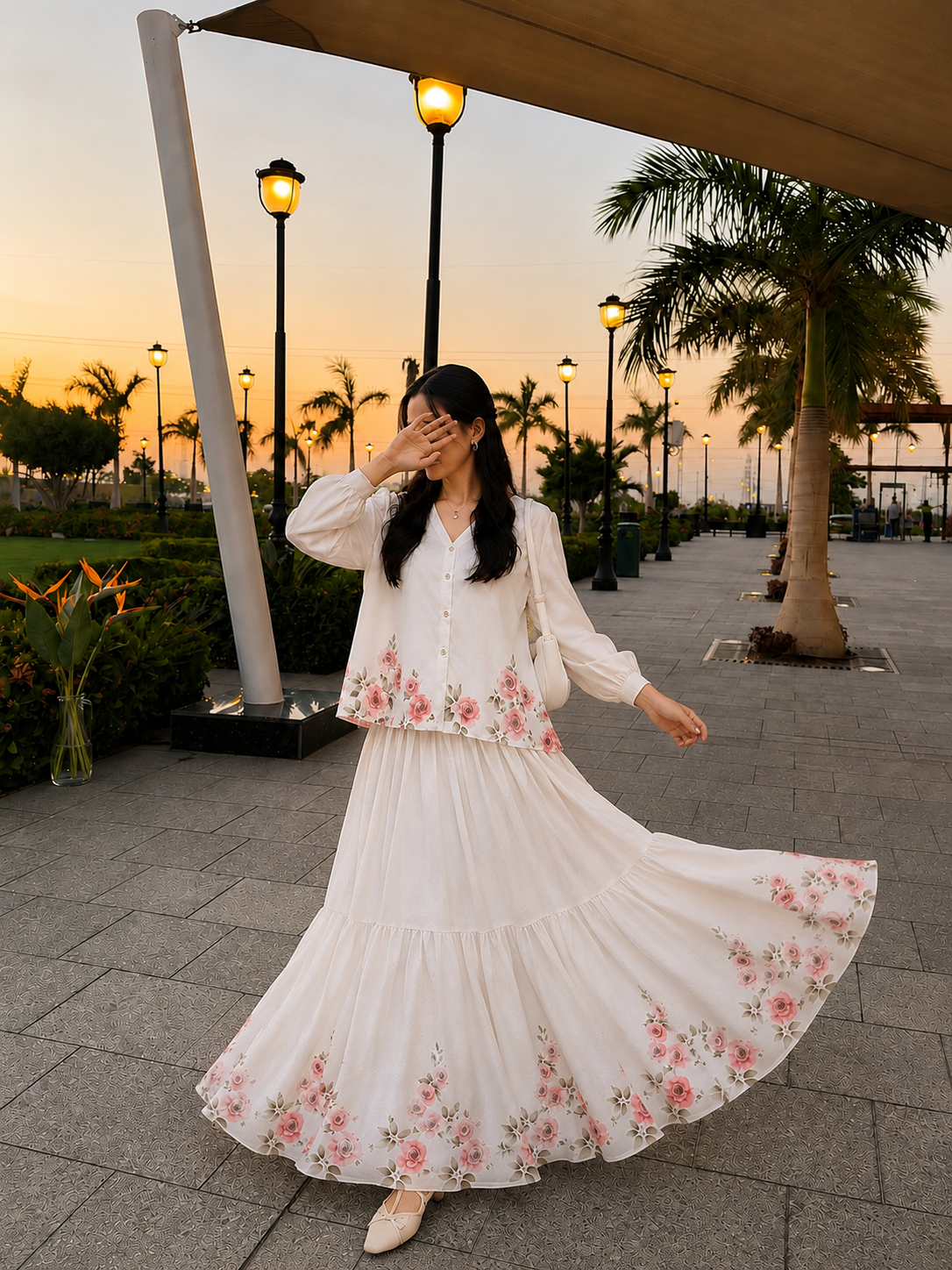 Rose Bloom White Floral Skirt & Shirt Set