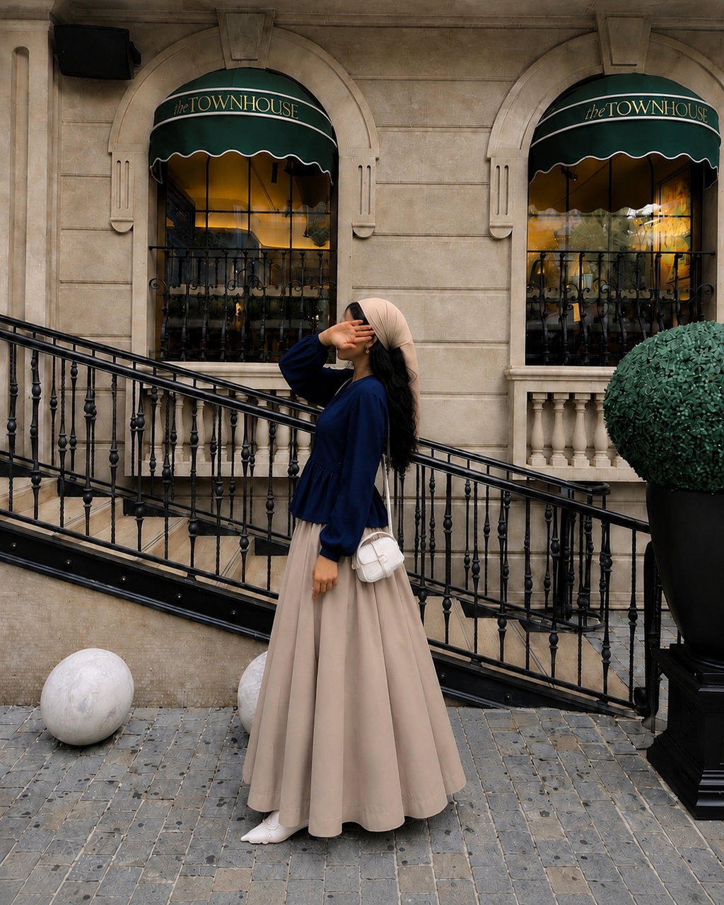 Midnight Grace – Navy Peplum Shirt with Flowing Beige Maxi Skirt