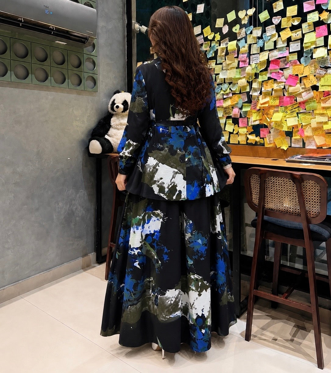 Midnight Bloom Printed Co-Ord Set – Black Peplum Top & Flared Trousers