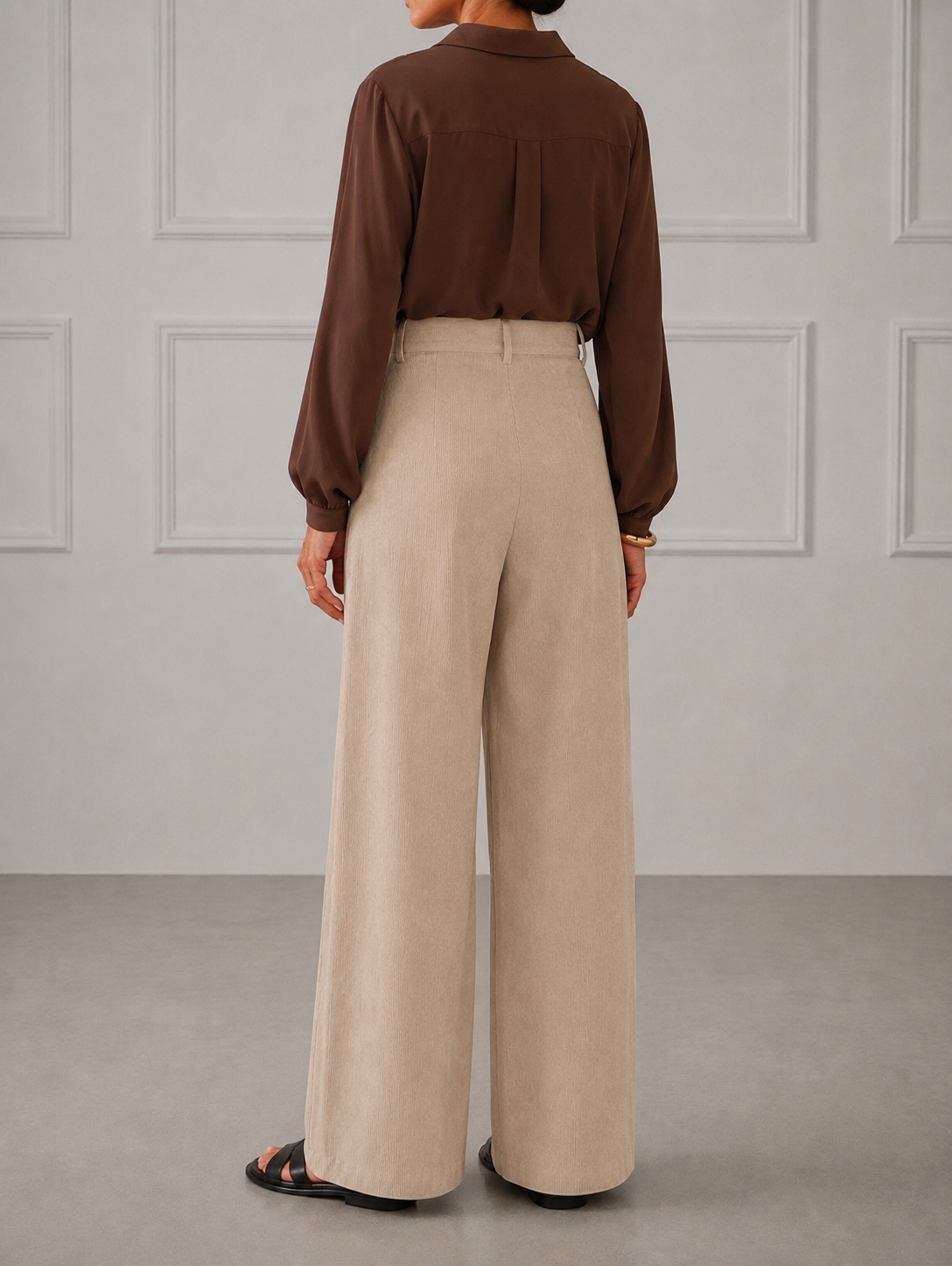 Mocha Brown Shirt with Beige Wide-Leg Trousers Co-Ord Set