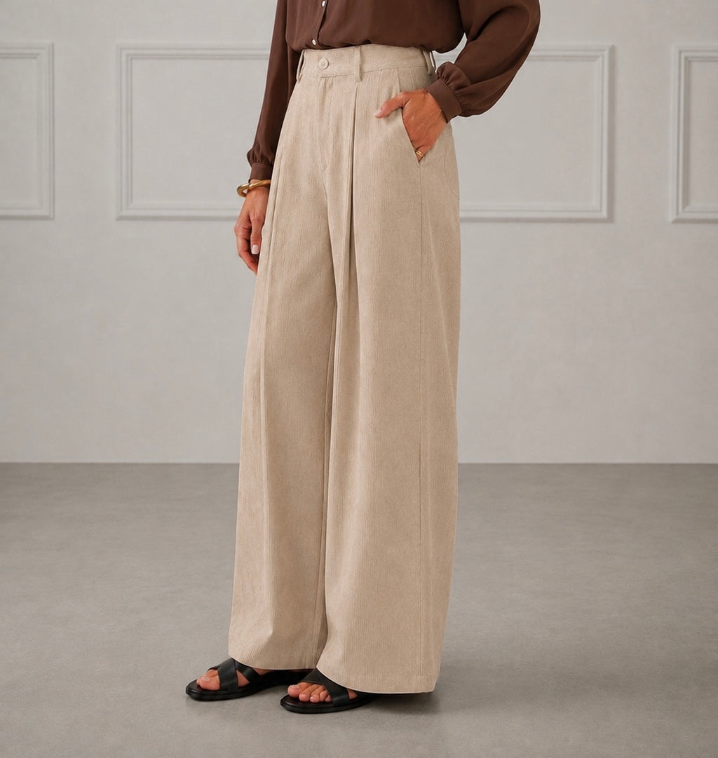Elegant Beige Pleated Wide-Leg Trousers