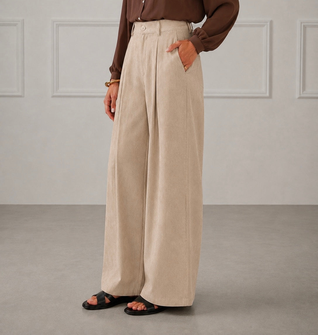Elegant Beige Pleated Wide-Leg Trousers